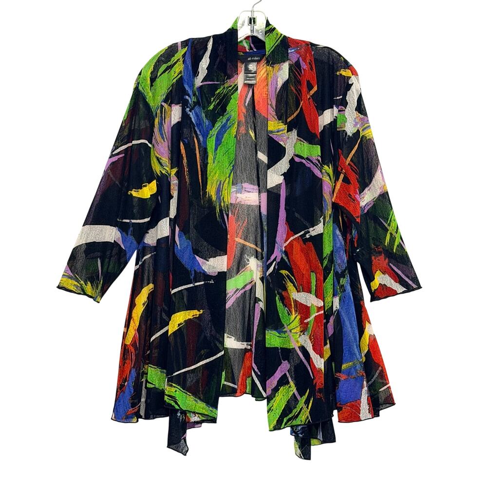 Ali Miles 3/4 Sleeve Abstract Art Open Front Sheer Mesh Cardigan PETITE XL Black